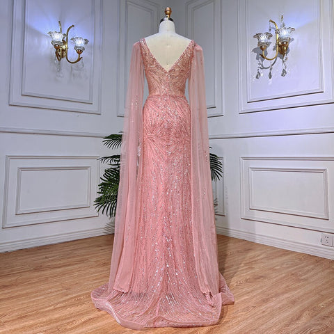 Peach Pink Mermaid Elegant Cape Sleeves Beaded Evening Dresses  Formal Arabic Gowns 2025 For Women Party LA72038