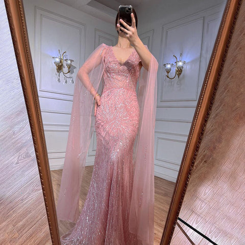 Peach Pink Mermaid Elegant Cape Sleeves Beaded Evening Dresses  Formal Arabic Gowns 2025 For Women Party LA72038