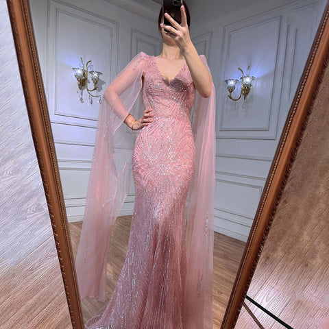 Peach Pink Mermaid Elegant Cape Sleeves Beaded Evening Dresses  Formal Arabic Gowns 2025 For Women Party LA72038