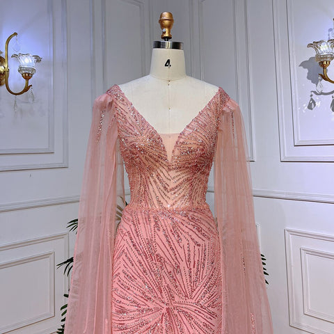 Peach Pink Mermaid Elegant Cape Sleeves Beaded Evening Dresses  Formal Arabic Gowns 2025 For Women Party LA72038