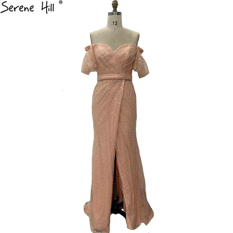 Peach Puff Sleeves Luxury Evening Dresses Gowns  Split Mermaid Elagant For Women Party LA70736