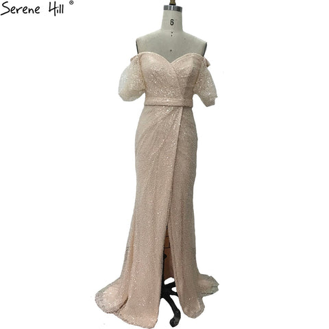 Peach Puff Sleeves Luxury Evening Dresses Gowns  Split Mermaid Elagant For Women Party LA70736