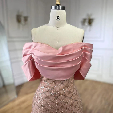 Luxury Off Shoulder Pink Evening Dress with Cape LA72325