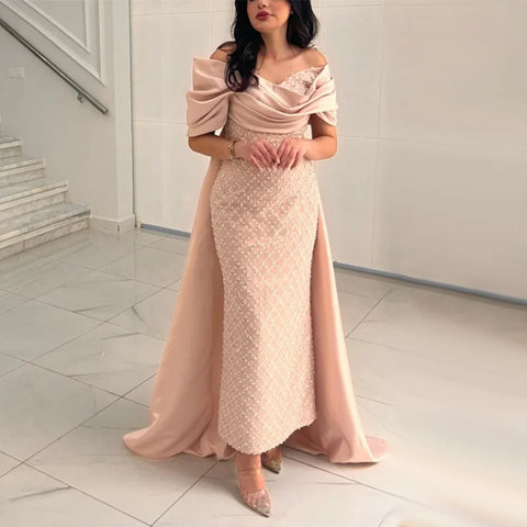 Luxury Off Shoulder Pink Evening Dress with Cape LA72325