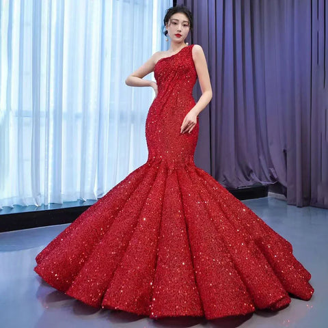 PeachOne Shoulder Lace Up Sequined Beaded Luxury Mermaid Bride Gowns Wedding Dress 2025 High End Custom Made HM67447