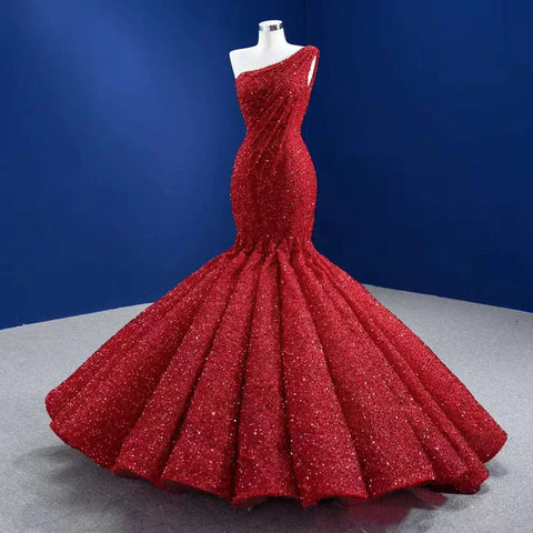 PeachOne Shoulder Lace Up Sequined Beaded Luxury Mermaid Bride Gowns Wedding Dress 2025 High End Custom Made HM67447