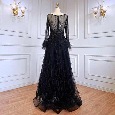 Pink  A-Line Dubai Design Feathers Long Sleeves Luxury Beaded Evening Dresses Gowns For Women Party 2025 LA60836