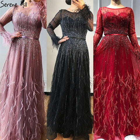 Pink  A-Line Dubai Design Feathers Long Sleeves Luxury Beaded Evening Dresses Gowns For Women Party 2025 LA60836