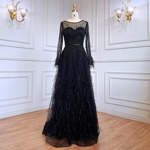 Pink  A-Line Dubai Design Feathers Long Sleeves Luxury Beaded Evening Dresses Gowns For Women Party 2025 LA60836