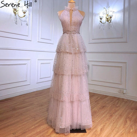 Pink A-Line Luxury Evening Dresses 2025 Halter Beaded Tiered Tulle For Women Party LA70806