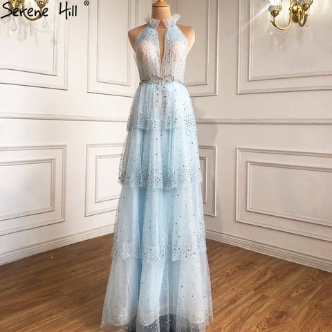 Pink A-Line Luxury Evening Dresses 2025 Halter Beaded Tiered Tulle For Women Party LA70806