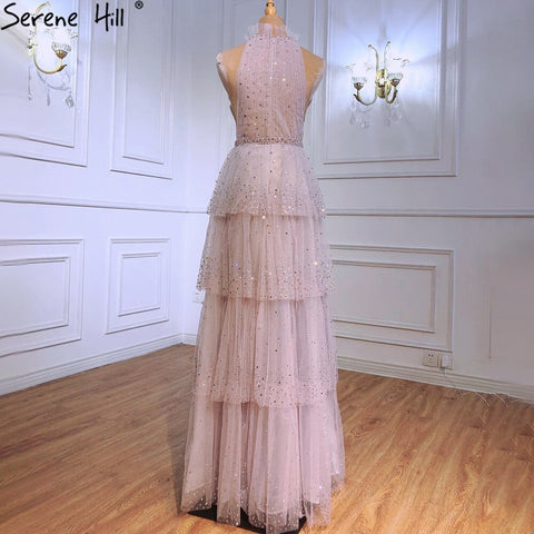 Pink A-Line Luxury Evening Dresses 2025 Halter Beaded Tiered Tulle For Women Party LA70806