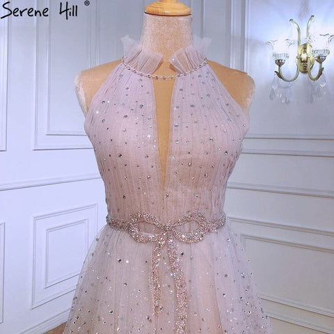 Pink A-Line Luxury Evening Dresses 2025 Halter Beaded Tiered Tulle For Women Party LA70806