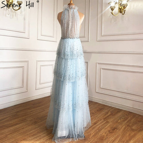 Pink A-Line Luxury Evening Dresses 2025 Halter Beaded Tiered Tulle For Women Party LA70806