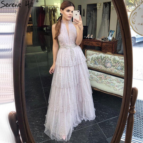Pink A-Line Luxury Evening Dresses 2025 Halter Beaded Tiered Tulle For Women Party LA70806
