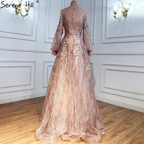 Sale Pink A-Line Luxury Evening Dresses 2025 lantern Long Sleeves Beading Lace Formal Dress LA70676
