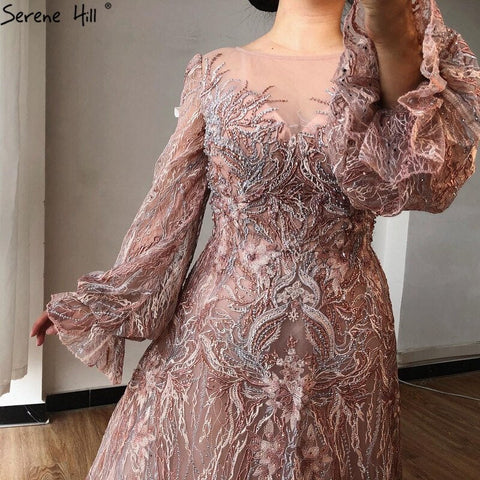 Sale Pink A-Line Luxury Evening Dresses 2025 lantern Long Sleeves Beading Lace Formal Dress LA70676