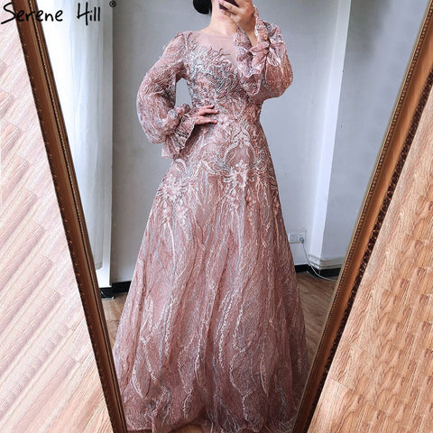 Sale Pink A-Line Luxury Evening Dresses 2025 lantern Long Sleeves Beading Lace Formal Dress LA70676