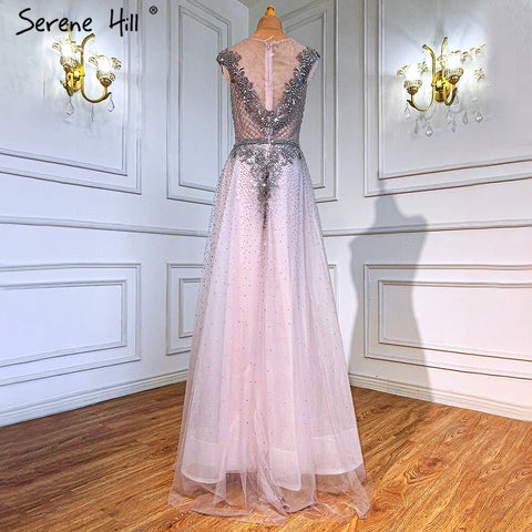 Pink A-Line Luxury Evening Dresses Gowns 2025 Beaded Cap Sleeves For Woman Wedding Party LA71294