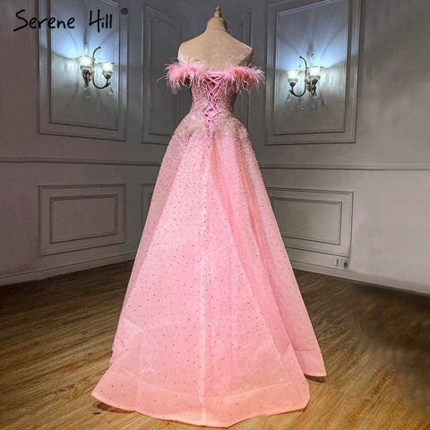 Pink A-Line Luxury Evening Dresses Gowns 2025 Feather Beaded For Women Wedding Party LA70901
