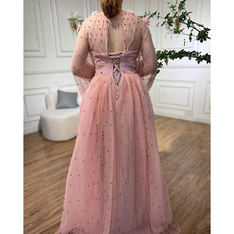 Pink  A Line O Neck Long Sleeve Dubai Evening Dresses Design 2025 Handmade Flowers Pearls Evening Gowns LA60766
