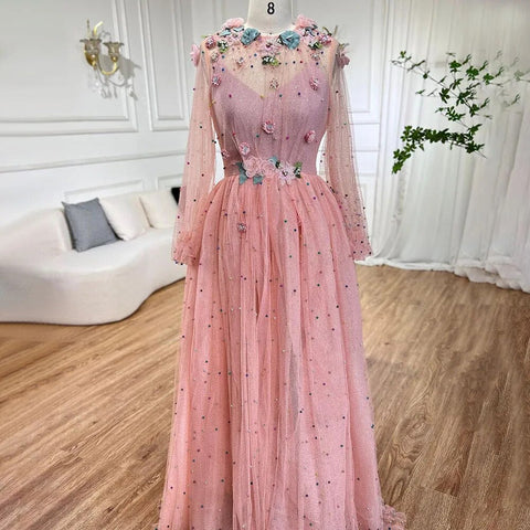 Pink  A Line O Neck Long Sleeve Dubai Evening Dresses Design 2025 Handmade Flowers Pearls Evening Gowns LA60766