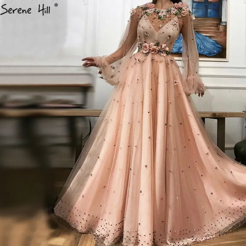 Pink  A Line O Neck Long Sleeve Dubai Evening Dresses Design 2025 Handmade Flowers Pearls Evening Gowns LA60766