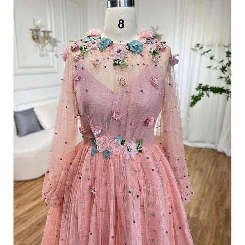 Pink  A Line O Neck Long Sleeve Dubai Evening Dresses Design 2025 Handmade Flowers Pearls Evening Gowns LA60766
