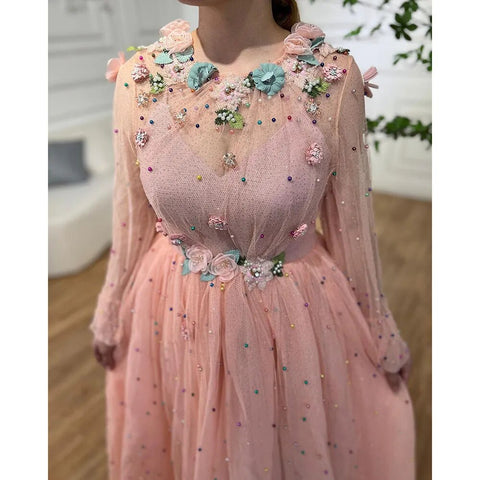 Pink  A Line O Neck Long Sleeve Dubai Evening Dresses Design 2025 Handmade Flowers Pearls Evening Gowns LA60766