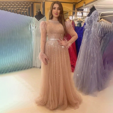 Pink A Line O-Neck Sexy Feathers Long Sleeves Beaded Luxury Arabic Party Dresses Formal Women Evening 2025 LA71783