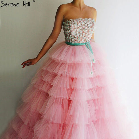 Robe de soirée sexy rose coupe trapèze, sans manches, en tulle et perles, modèle LA70701, 2025 