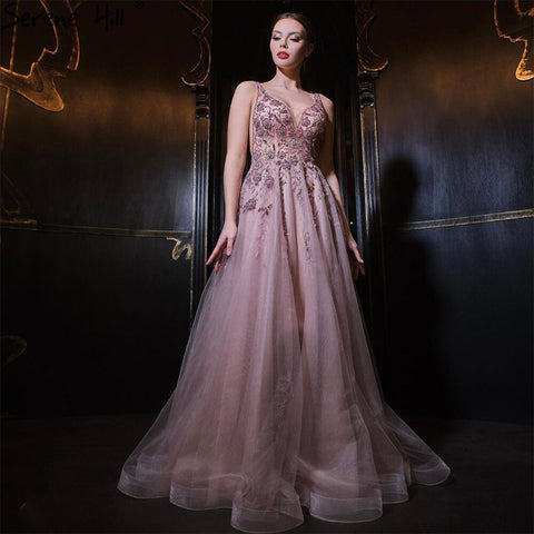 Pink A-Line Sexy Evening Dresses Gowns 2025 Spaghetti Strap Beaded For Women Party LA71268