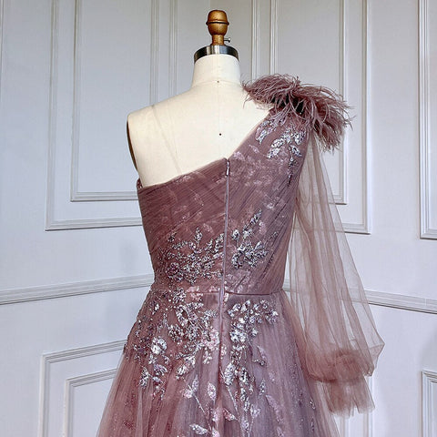 Pink A-Line Split Luxury Evening Dresses Gowns 2025 Beaded Elegant Feathers One Shoulder For Women Party LA71689