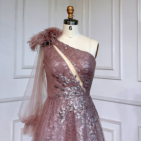 Pink A-Line Split Luxury Evening Dresses Gowns 2025 Beaded Elegant Feathers One Shoulder For Women Party LA71689