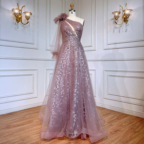 Pink A-Line Split Luxury Evening Dresses Gowns 2025 Beaded Elegant Feathers One Shoulder For Women Party LA71689
