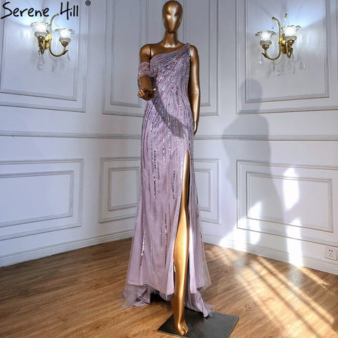 Pink Arabic A-Line Sexy High Split One Shoulder Evening Dresses Gowns Beaded Luxury 2025 For Women Party LA71241