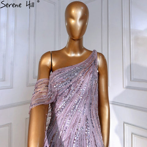 Pink Arabic A-Line Sexy High Split One Shoulder Evening Dresses Gowns Beaded Luxury 2025 For Women Party LA71241