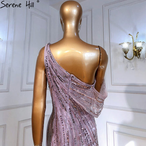 Pink Arabic A-Line Sexy High Split One Shoulder Evening Dresses Gowns Beaded Luxury 2025 For Women Party LA71241
