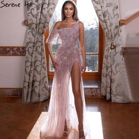 Pink Arabic A-Line Sexy High Split One Shoulder Evening Dresses Gowns Beaded Luxury 2025 For Women Party LA71241