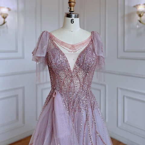 Pink Arabic Tassel A-line Beaded Prom Dresses Elegant Graduation Party Evening Gowns 2025 For Girls LA72066