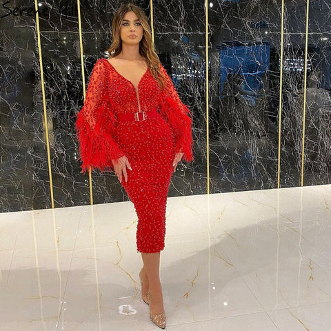 Robe de soirée sirène rose à perles et plumes, élégante, longueur thé, pour femme, modèle LA71205, 2025 