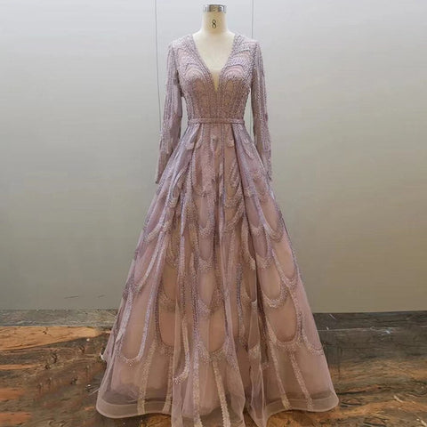 Pink Beaded Muslim Evening Dresses Gowns 2025 Luxury A-Line Puff Sleeve For Women Party LA71758