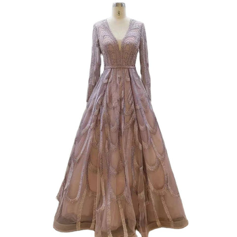 Pink Beaded Muslim Evening Dresses Gowns 2025 Luxury A-Line Puff Sleeve For Women Party LA71758