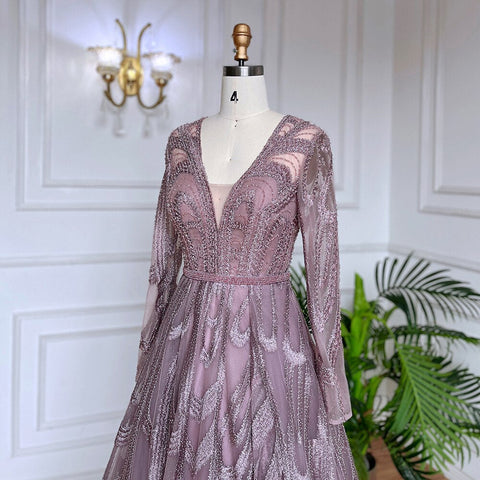 Pink Beaded Muslim Evening Dresses Gowns 2025 Luxury A-Line Puff Sleeve For Women Party LA71758