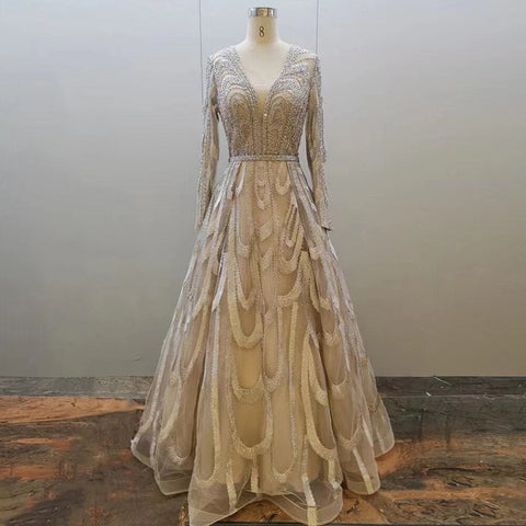 Pink Beaded Muslim Evening Dresses Gowns 2025 Luxury A-Line Puff Sleeve For Women Party LA71758