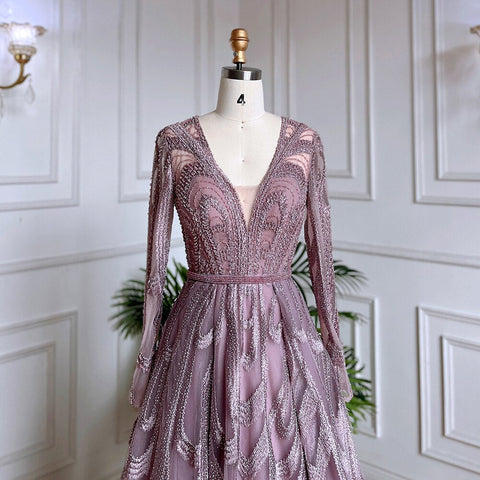 Pink Beaded Muslim Evening Dresses Gowns 2025 Luxury A-Line Puff Sleeve For Women Party LA71758