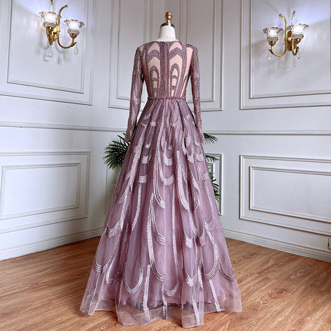Pink Beaded Muslim Evening Dresses Gowns 2025 Luxury A-Line Puff Sleeve For Women Party LA71758