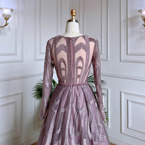 Pink Beaded Muslim Evening Dresses Gowns 2025 Luxury A-Line Puff Sleeve For Women Party LA71758