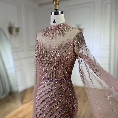 Pink Cape Sleeves Mermaid Split Beaded Luxury Dubai Long Evening Dresses Gowns for Women Wedding Party 2025 LA72449