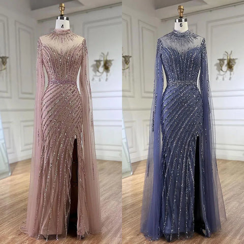 Pink Cape Sleeves Mermaid Split Beaded Luxury Dubai Long Evening Dresses Gowns for Women Wedding Party 2025 LA72449